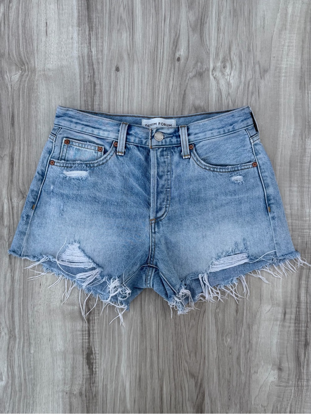 Denim Forum blue denim shorts with frayed hem